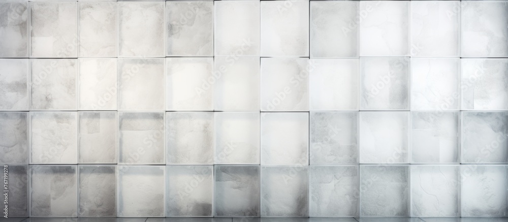 Poster a grey wall with a pattern of rectangular squares made of wood flooring. the tints and shades create