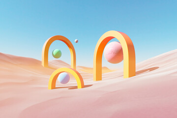 Surreal Desert: Dreamlike Landscape with Pastel Geometric Shapes Under Pink Sky