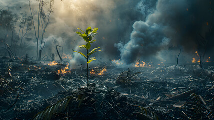 Amazon rainforest devastated by destruction, with burned trees, smoke and trash