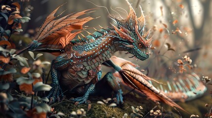 cute fairy-tale dragon with wings and horns in a forest