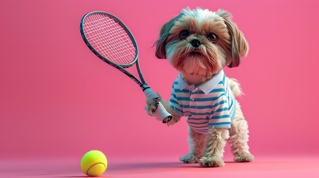 Playful Pup with Tennis Racket on Vibrant Pink Background