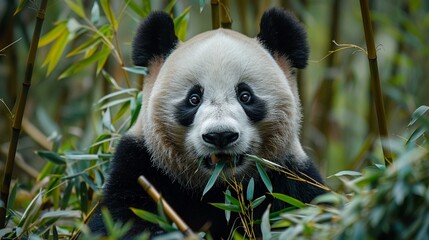 Bamboo Whisperer A detailed portrait of a panda amidst a bamboo grove, showcasing its peaceful munching and the serene focus in its gaze , vibrant