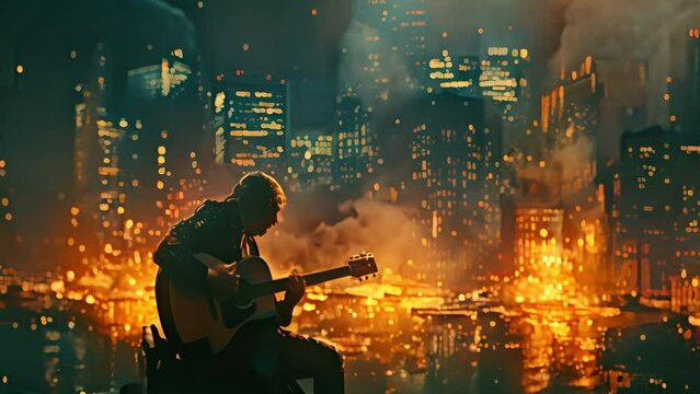 Silhouette of a person playing guitar against a burning cityscape background. The concept of apocalypse and cultural defiance.