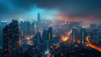 A panoramic view of a modern cityscape at night, with skyscrapers illuminated and streets bustling...