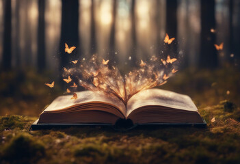 Open magic book with growing lights magic powder butterflies Magic book of elves in the fairy forest