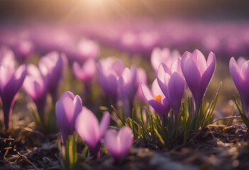 Spring awakening Blossoming pink crocuses illuminated from the morning sun Spring background