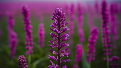 Purple fluorescent flower stem against blurred field background scene