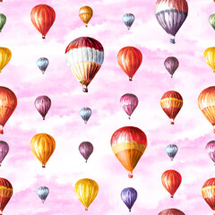 Colorful Air Balloons in the cloudy sky., Hand drawn watercolor seamless pattern