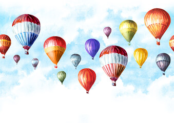 Colorful Air Balloons in the sky. Hand drawn watercolor seamless  pattern
