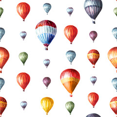 Colorful Air Balloons in the sky., Hand drawn watercolor seamless pattern