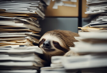Very tired sloth sleeps on lots of files in the office