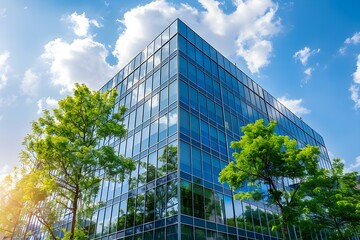 Sustainable Glass Office Building in Urban Setting with Trees: Promoting Eco-Friendly Practices and Reducing Carbon Emissions. Concept Sustainable Architecture, Eco-Friendly Practices