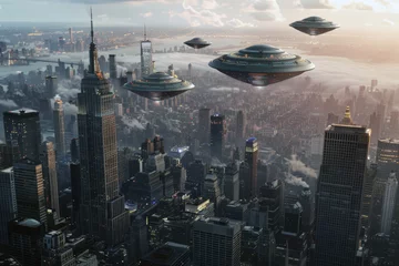 Foto op Plexiglas UFOs appear and fly over cities. Aliens uncover unknown areas of Earth's civilization. Concept for civilization and technology. © omune