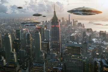 UFOs appear and fly over cities. Aliens uncover unknown areas of Earth's civilization. Concept for civilization and technology.