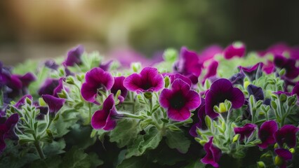 Purple petunia flowers bed on blurred nature background toned