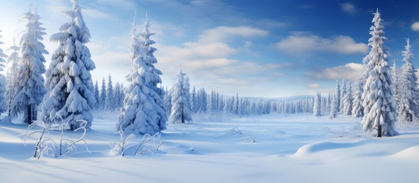 A winter wonderland where trees are blanketed in snow, under a clear blue sky. The freezing temperatures create a picturesque natural landscape, like a painting