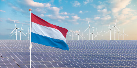Official flag of The Netherlands in front of a large array of solar panels and wind turbines - 767200609