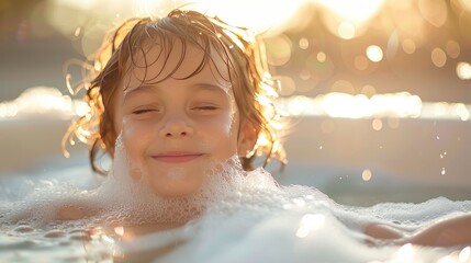 A young child, full of joy and laughter, enjoys a bath time with soapy suds on their hair and face, bathed in sunlight - obrazy, fototapety, plakaty