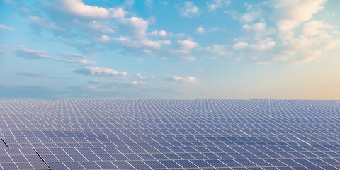 Endless field of blue solar panels in front of a moody sky