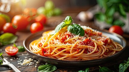 A close-up view of a delicious plate of classic Italian spaghetti pasta with tomato sauce, cheese, parmesan, and basil - obrazy, fototapety, plakaty