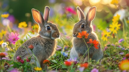 Fototapeta na wymiar Two fluffy rabbits sit contentedly in a field bursting with colorful wildflowers, bathed in the warm glow of sunlight