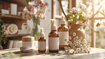 Three elegant container bottles for cosmetic products containing marine pearl essence rest on a light wooden table