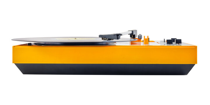 Front view of an orange vintage record player