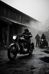 Time Tunnel: Vintage Motorcycles and Men in Old Warehouse in British Columbia - obrazy, fototapety, plakaty