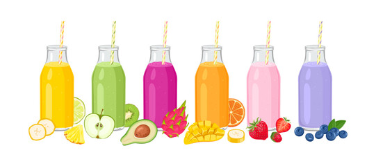 Set of smoothies in glass bottles with straw, fresh berry and fruits. Vector cartoon illustration of healthy cocktails.