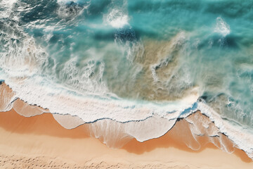 Tropical waves crash on a sandy shore under a bright summer sky