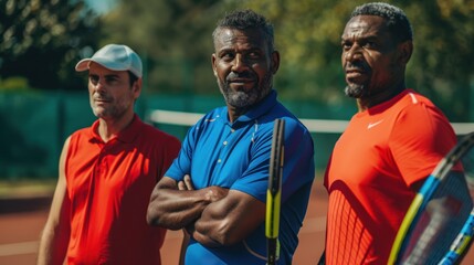 Three men standing on a tennis court each holding a tennis racket with one man wearing a blue shirt and the other two in red all smiling and looking towards the camera.