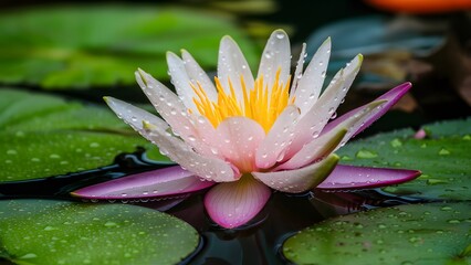 Raindrops covered water lily flower on pond background