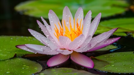 Raindrops covered water lily flower on pond background