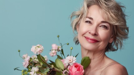 Obraz na płótnie Canvas A woman with short blonde hair wearing a light-colored top smiling and holding a bouquet of pink and white flowers against a light blue background.