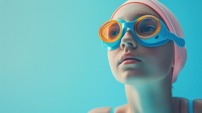 A child swimmer with a pink cap and goggles looking upward with a focused expression.