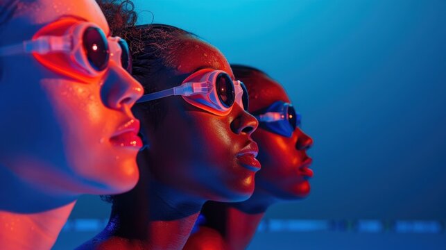 Three women with glowing skin and futuristic goggles set against a vibrant blue backdrop evoking a sense of advanced technology and otherworldly beauty.