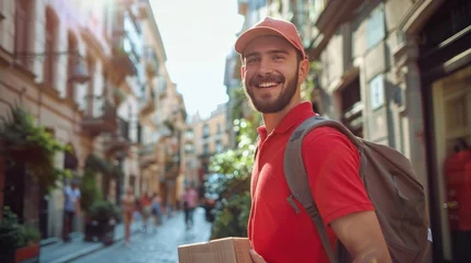  A cheerful man in a red shirt and cap carrying a backpack and a box walking down a sunny narrow street with buildings on either side. © iuricazac