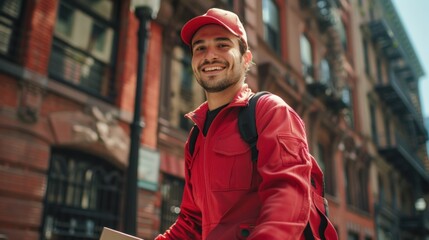 Fototapeta premium Smiling man in red jacket and cap carrying backpack walking on city street with brick buildings.