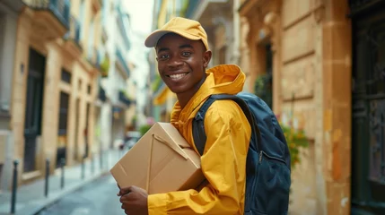 Fototapeten Young man in yellow jacket and cap smiling carrying a box and a backpack walking down a narrow street lined with buildings. © iuricazac