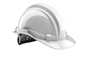Side view of a white construction safety helmet with adjustable headband and chin strap, isolated on black