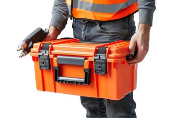 Fototapeta na wymiar Manual worker in reflective vest carrying an orange heavy-duty toolbox on a transparent background