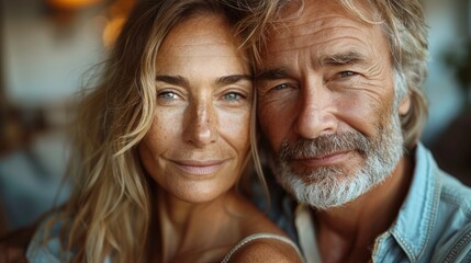 A close-up of a man and woman both with graying hair sharing a tender moment with their faces close together their eyes meeting the camera with a gentle and affectionate expression.