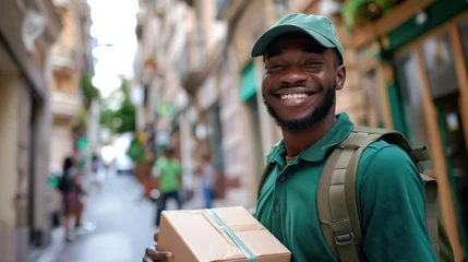 Fototapeten Smiling man in green cap and shirt holding a box walking down a narrow city street with blurred background. © iuricazac