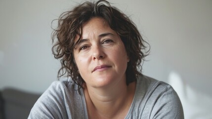 Woman with curly hair looking thoughtful wearing a gray top sitting in a room with a blurred background.