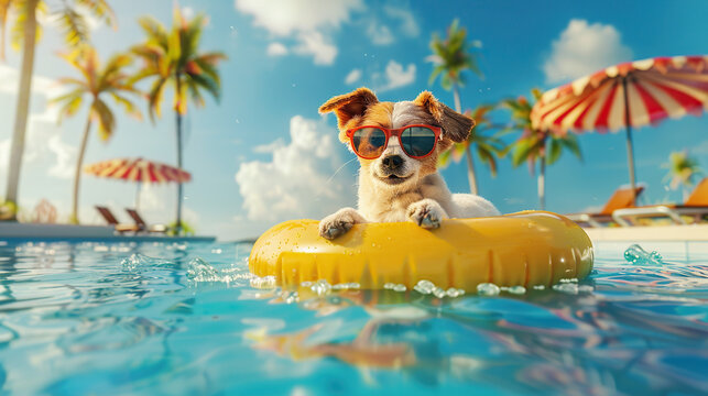 dog wearing sunglasses on a float swimming in the pool