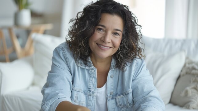 Smiling woman with curly hair wearing a light blue denim jacket sitting on a white couch in a modern living room.