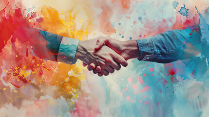 handshake between two business partners set against a background that mimics the style of watercolor paintings, featuring soft blends of colors and delicate brushwork