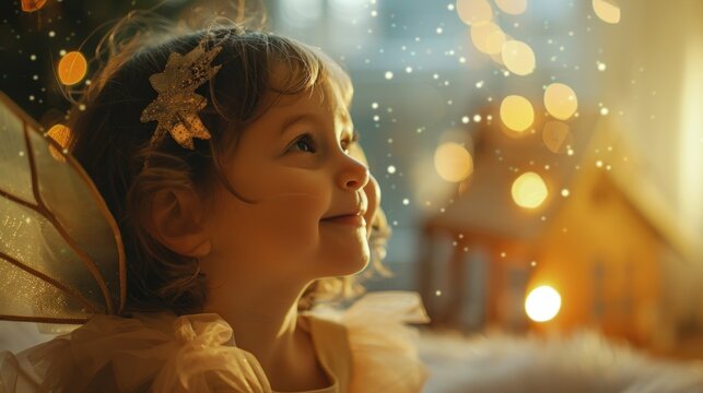 A young girl with a fairy costume adorned with a golden star gazing upwards at a magical sparkly night sky with a warm glowing house in the background.