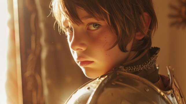 A young boy with a serious expression wearing a shiny metallic armor looking off to the side with sunlight illuminating his face.