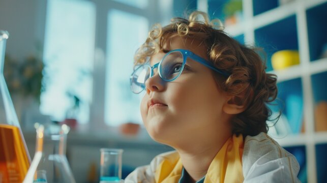 Young child with curly hair and glasses focused on a scientific experiment with beakers and test tubes in a well-lit room.